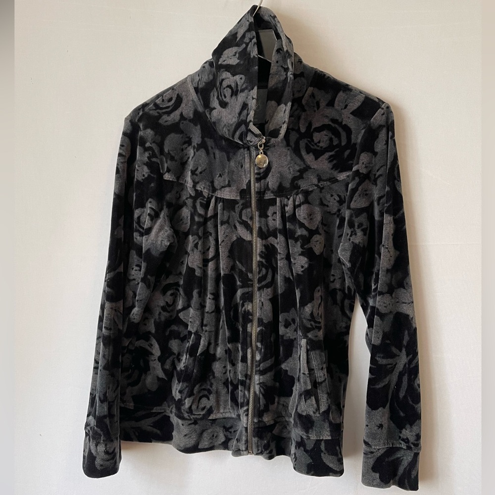 Y2K‎ Velour Grey Floral Zip Up Jacket L